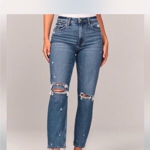 Abercrombie & Fitch Women's Ripped Blue Straight Leg Jeans (Curve Love)